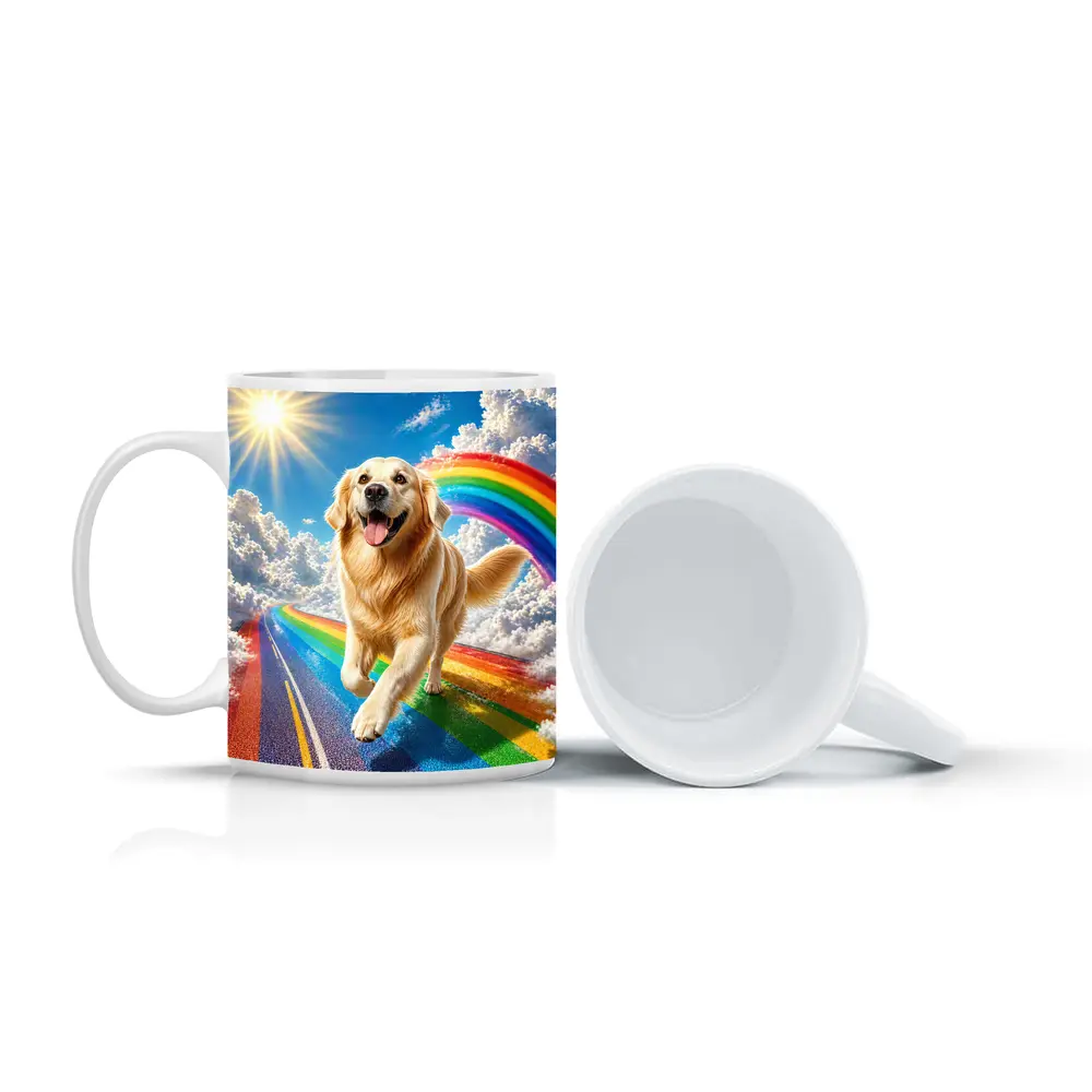 Golden Retriever Running on Rainbow Road – Mugs