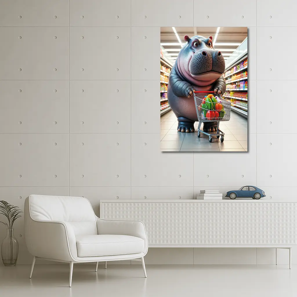 Cartoon Hippo Shopping Cart Grocery Store – Wall Art
