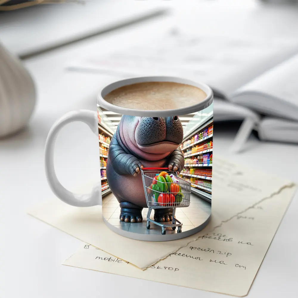 Cartoon Hippo Shopping Cart Grocery Store – Mugs