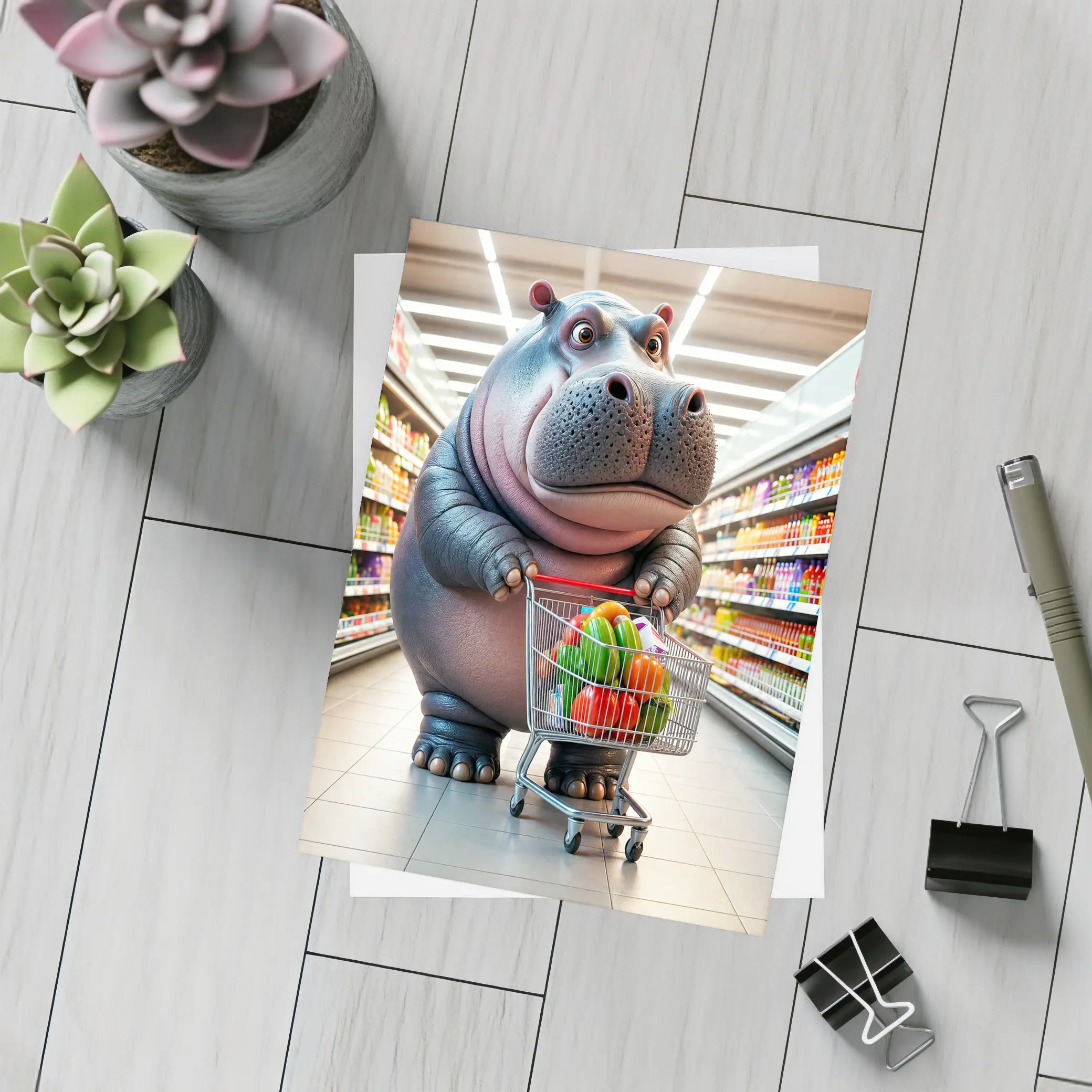 Cartoon Hippo Shopping Cart Grocery Store – Postcards