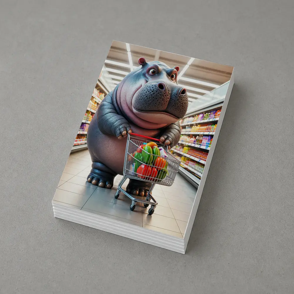 Cartoon Hippo Shopping Cart Grocery Store – Postcards