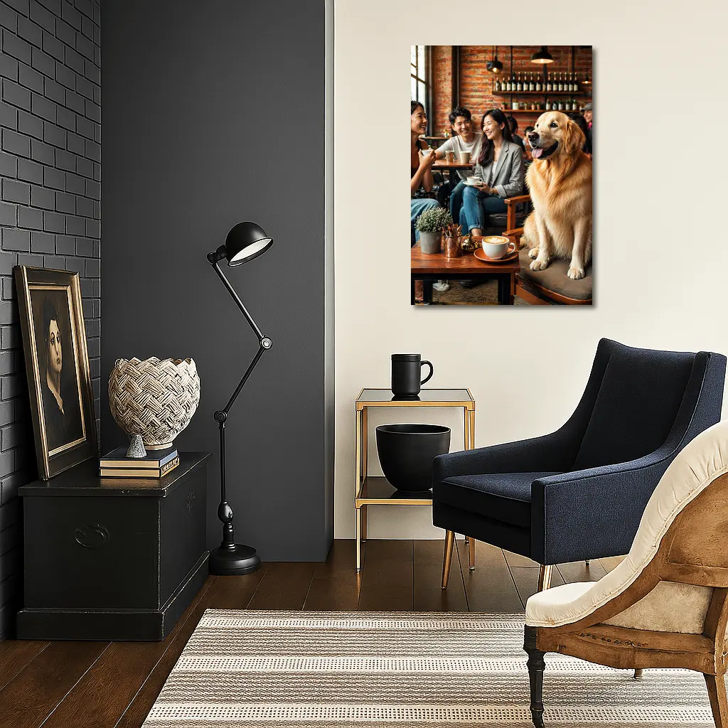 Golden Retriever Sitting in Cozy Cafe – Wall Art