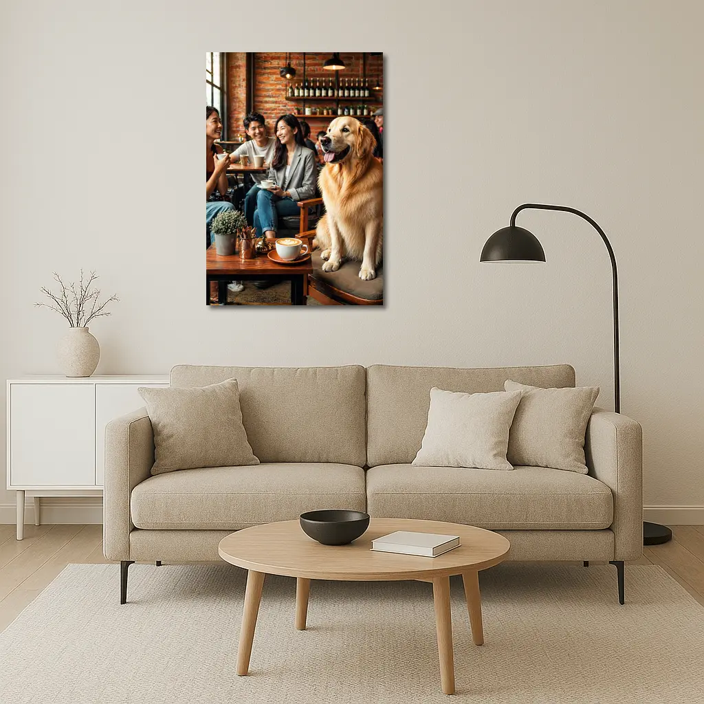 Golden Retriever Sitting in Cozy Cafe – Wall Art