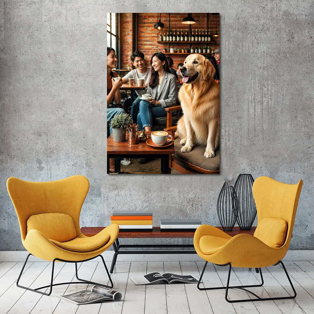Golden Retriever Sitting in Cozy Cafe – Wall Art