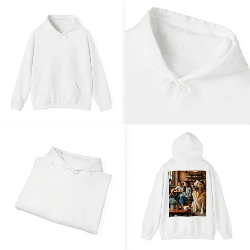 Golden Retriever Sitting in Cozy Cafe – Hoodies