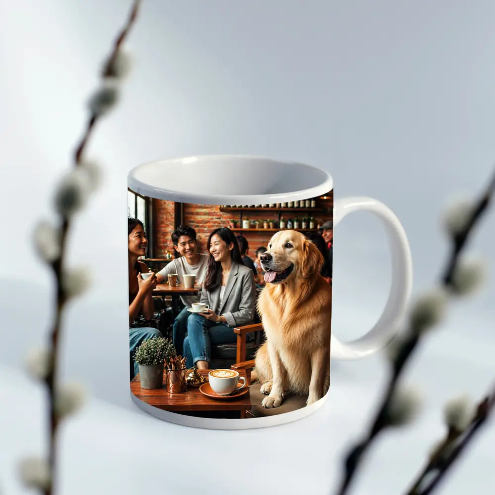 Golden Retriever Sitting in Cozy Cafe – Mugs