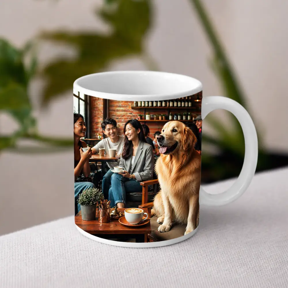 Golden Retriever Sitting in Cozy Cafe – Mugs