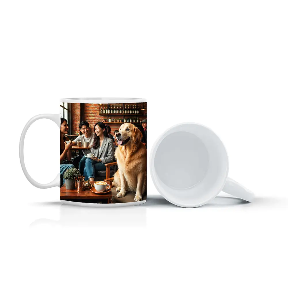 Golden Retriever Sitting in Cozy Cafe – Mugs