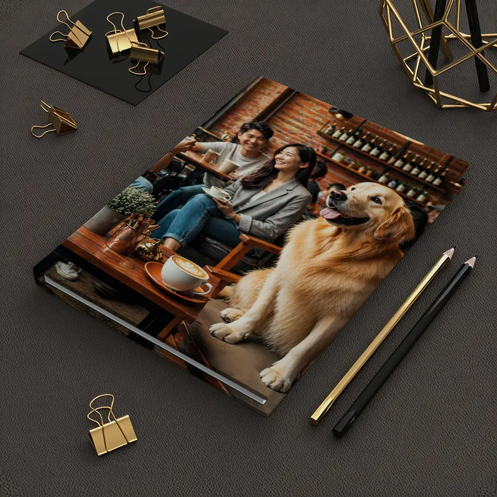 Golden Retriever Sitting in Cozy Cafe – Notebooks
