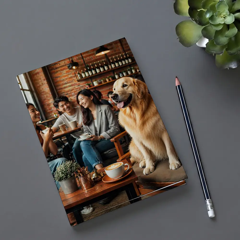 Golden Retriever Sitting in Cozy Cafe – Notebooks