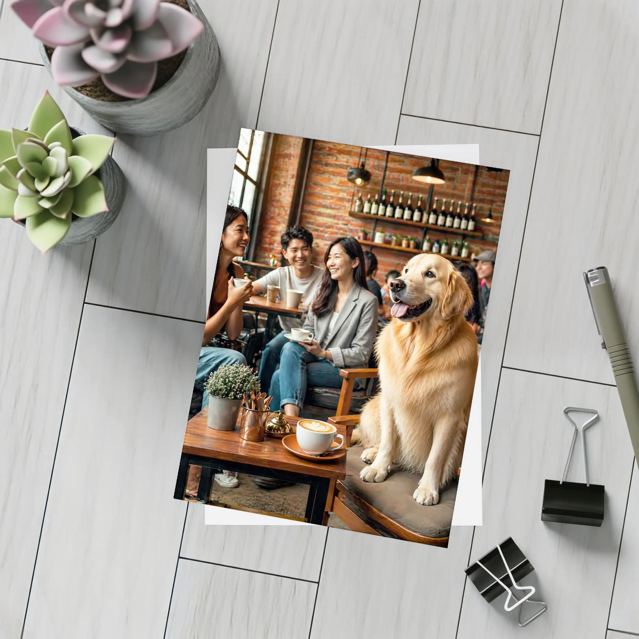 Golden Retriever Sitting in Cozy Cafe – Postcards