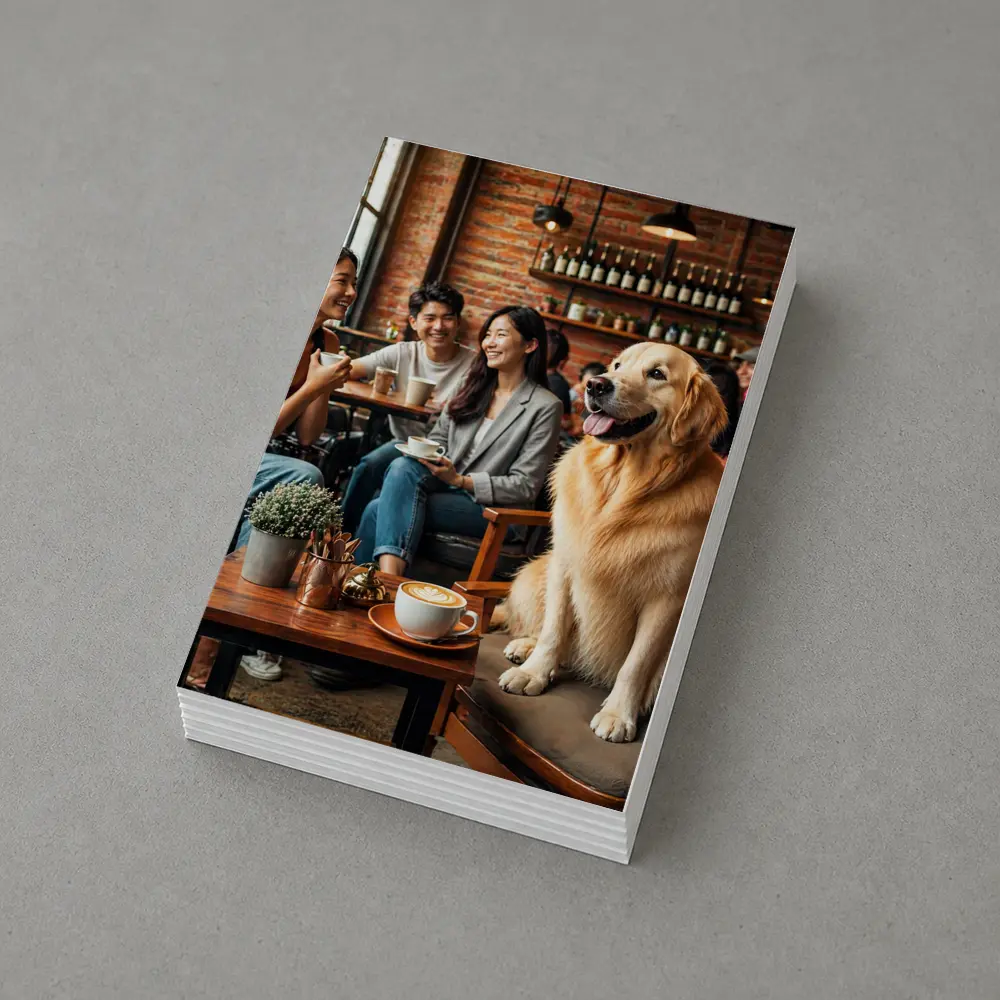 Golden Retriever Sitting in Cozy Cafe – Postcards
