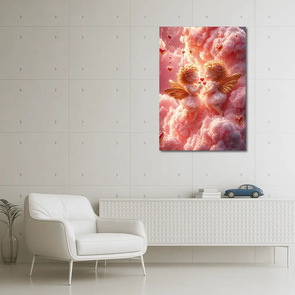 Cherub Angels Pink Clouds Gold Hearts – Wall Art