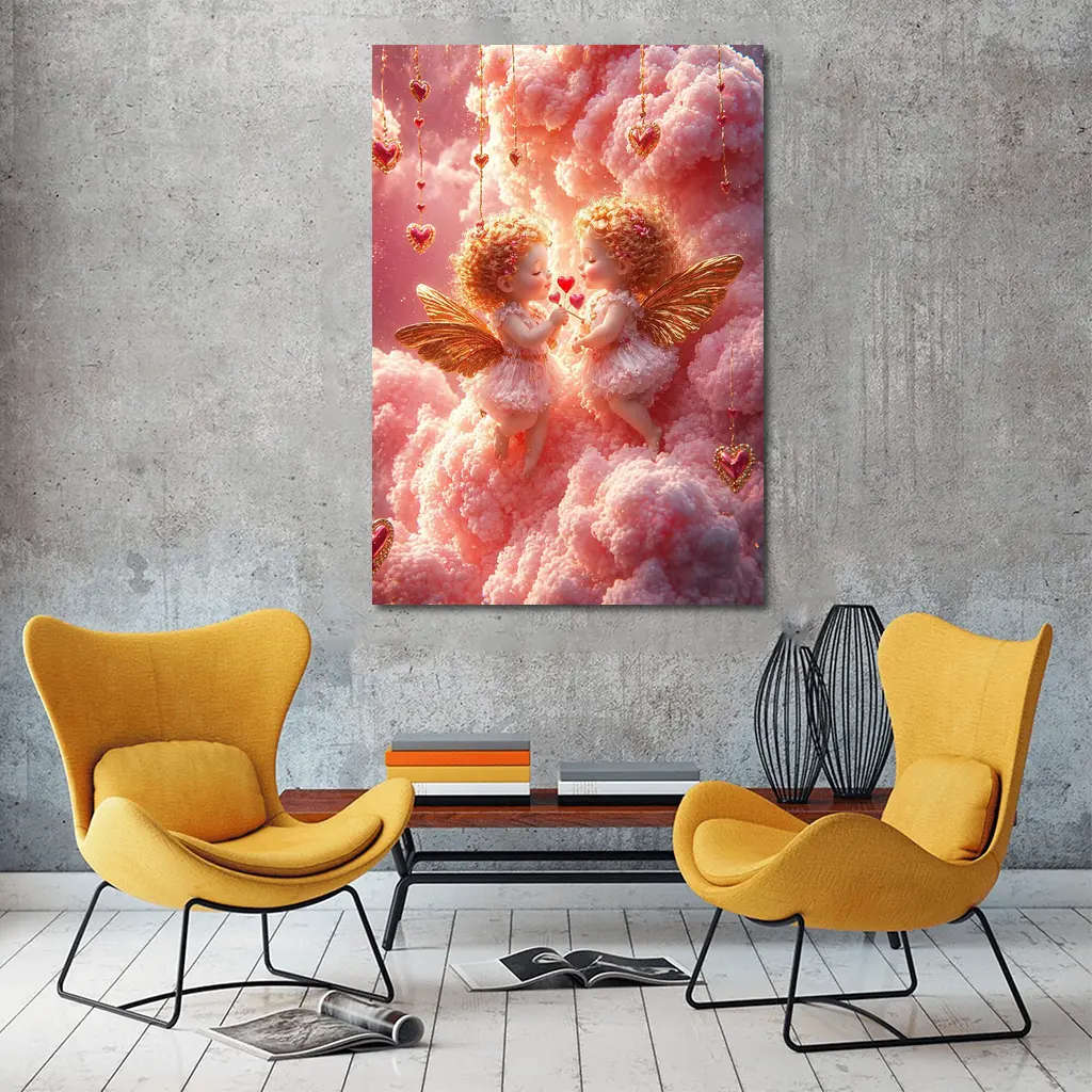 Cherub Angels Pink Clouds Gold Hearts – Wall Art
