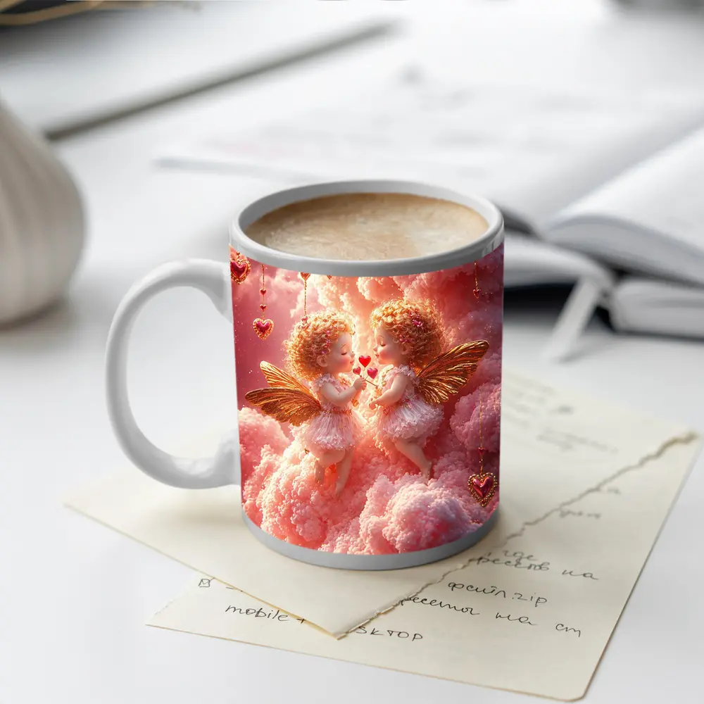 Cherub Angels Pink Clouds Gold Hearts – Mugs