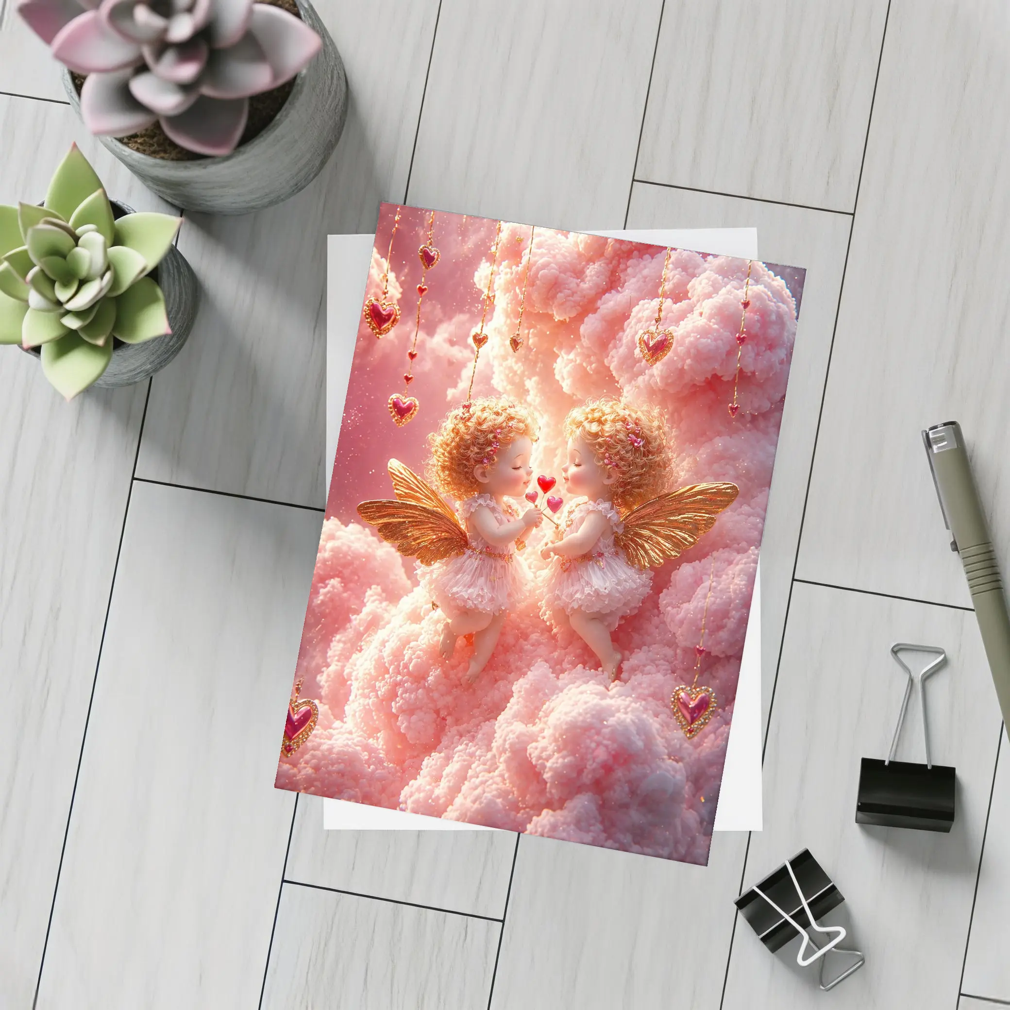 Cherub Angels Pink Clouds Gold Hearts – Postcards