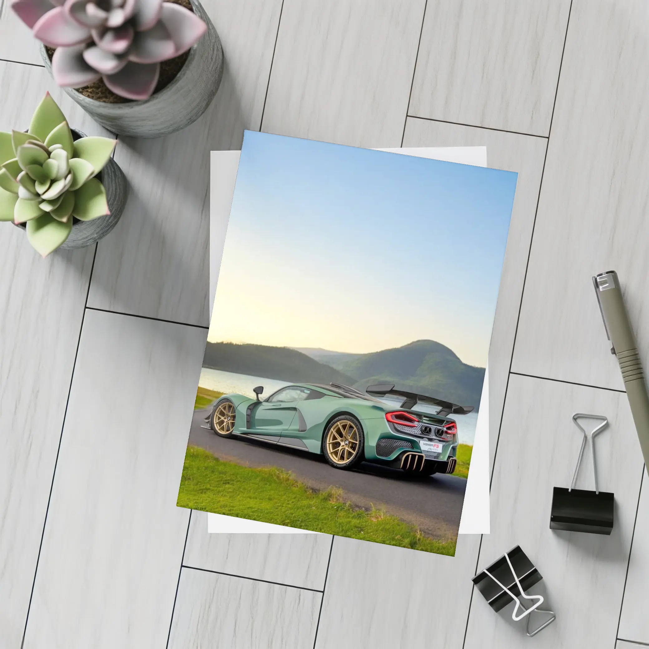 Hennessey Venom F5 Green Supercar Lake Background – Postcards