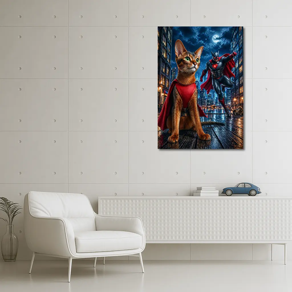Abyssinian Cat Superhero Night City Scene – Wall Art