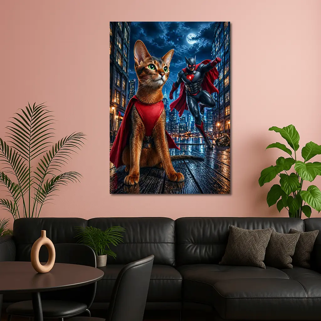 Abyssinian Cat Superhero Night City Scene – Wall Art