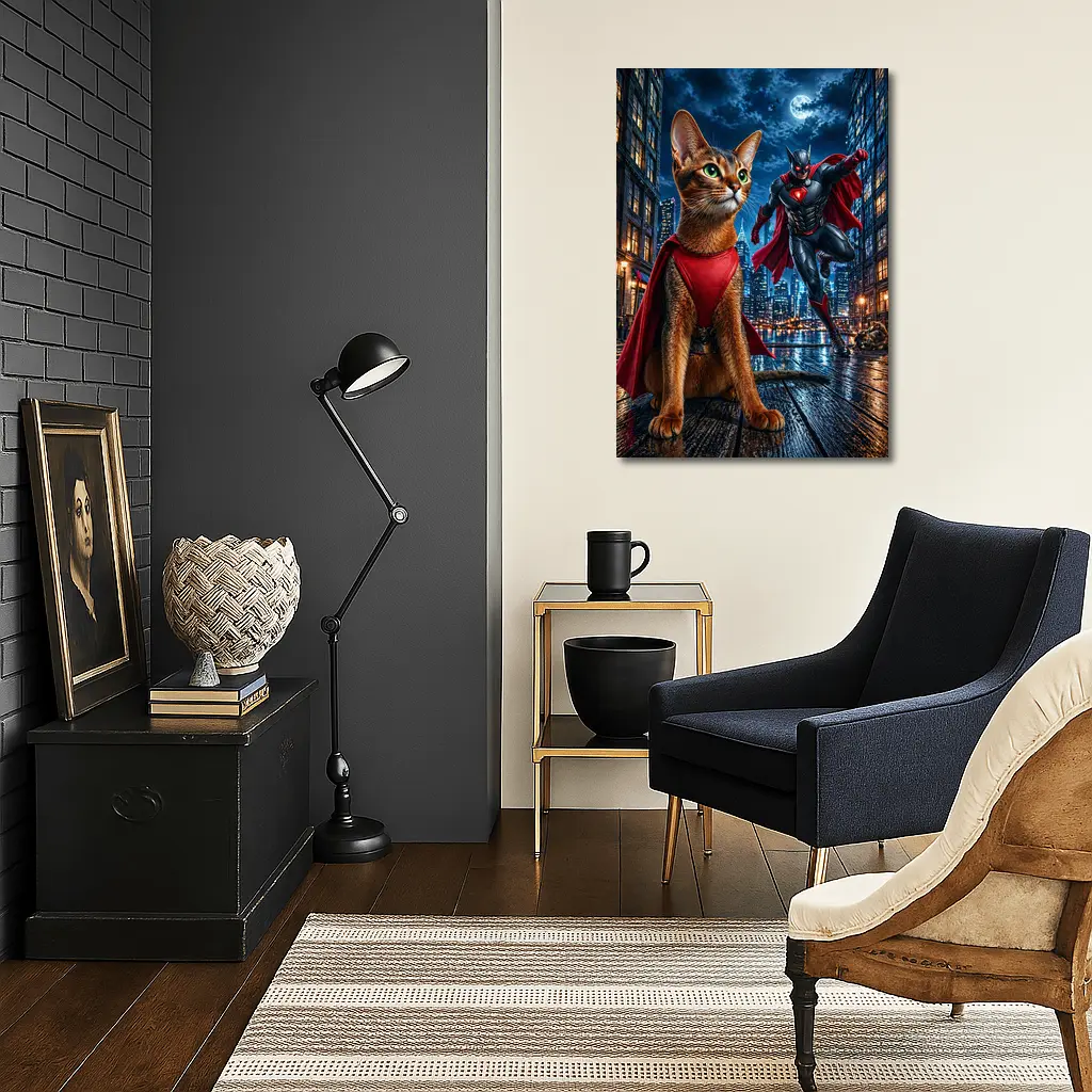 Abyssinian Cat Superhero Night City Scene – Wall Art