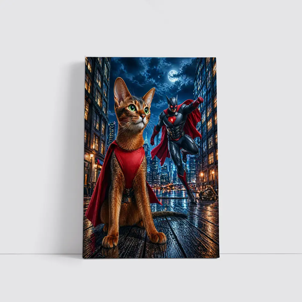 Abyssinian Cat Superhero Night City Scene – Wall Art