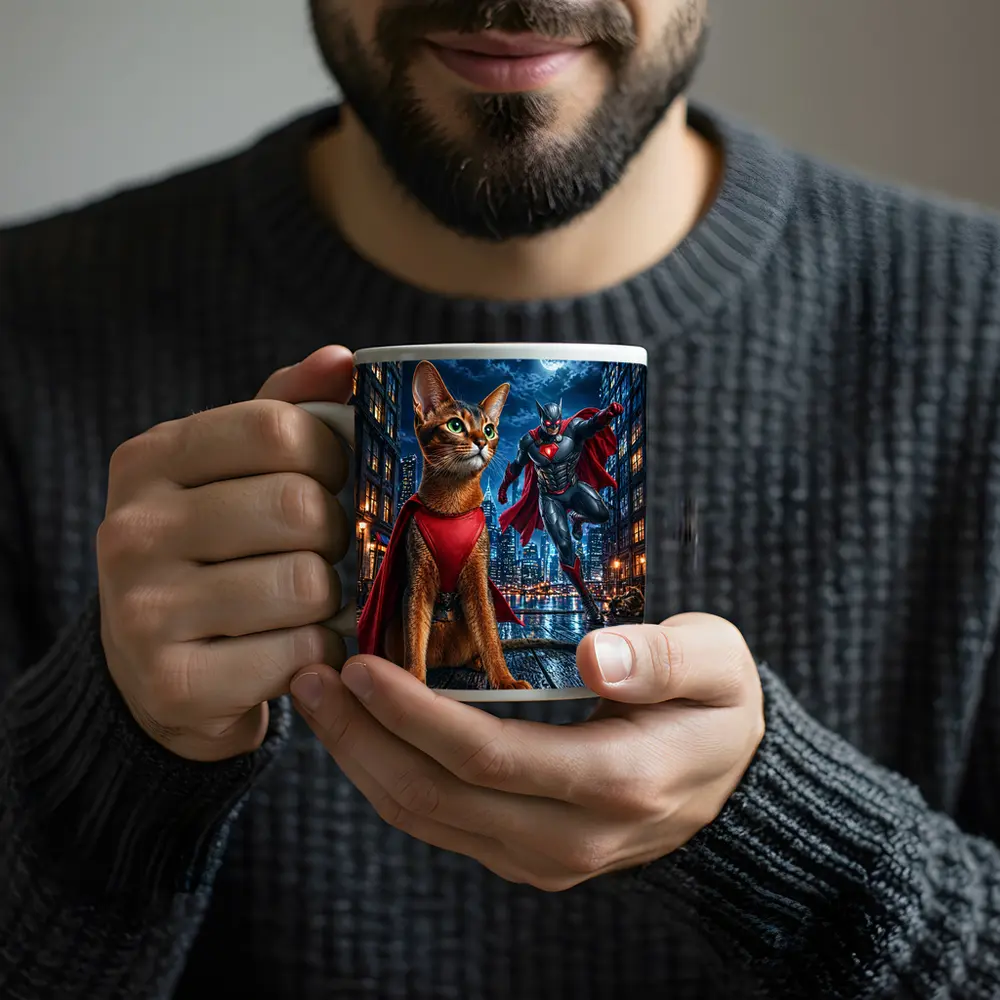 Abyssinian Cat Superhero Night City Scene – Mugs