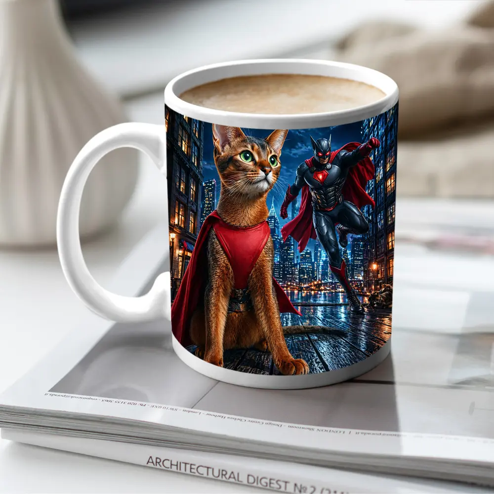 Abyssinian Cat Superhero Night City Scene – Mugs