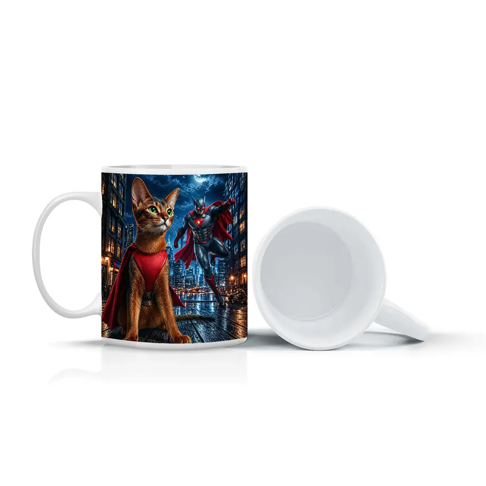 Abyssinian Cat Superhero Night City Scene – Mugs