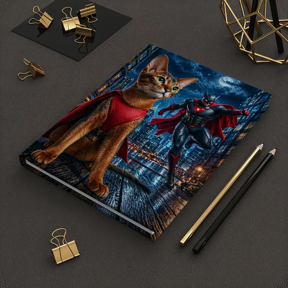 Abyssinian Cat Superhero Night City Scene – Notebooks
