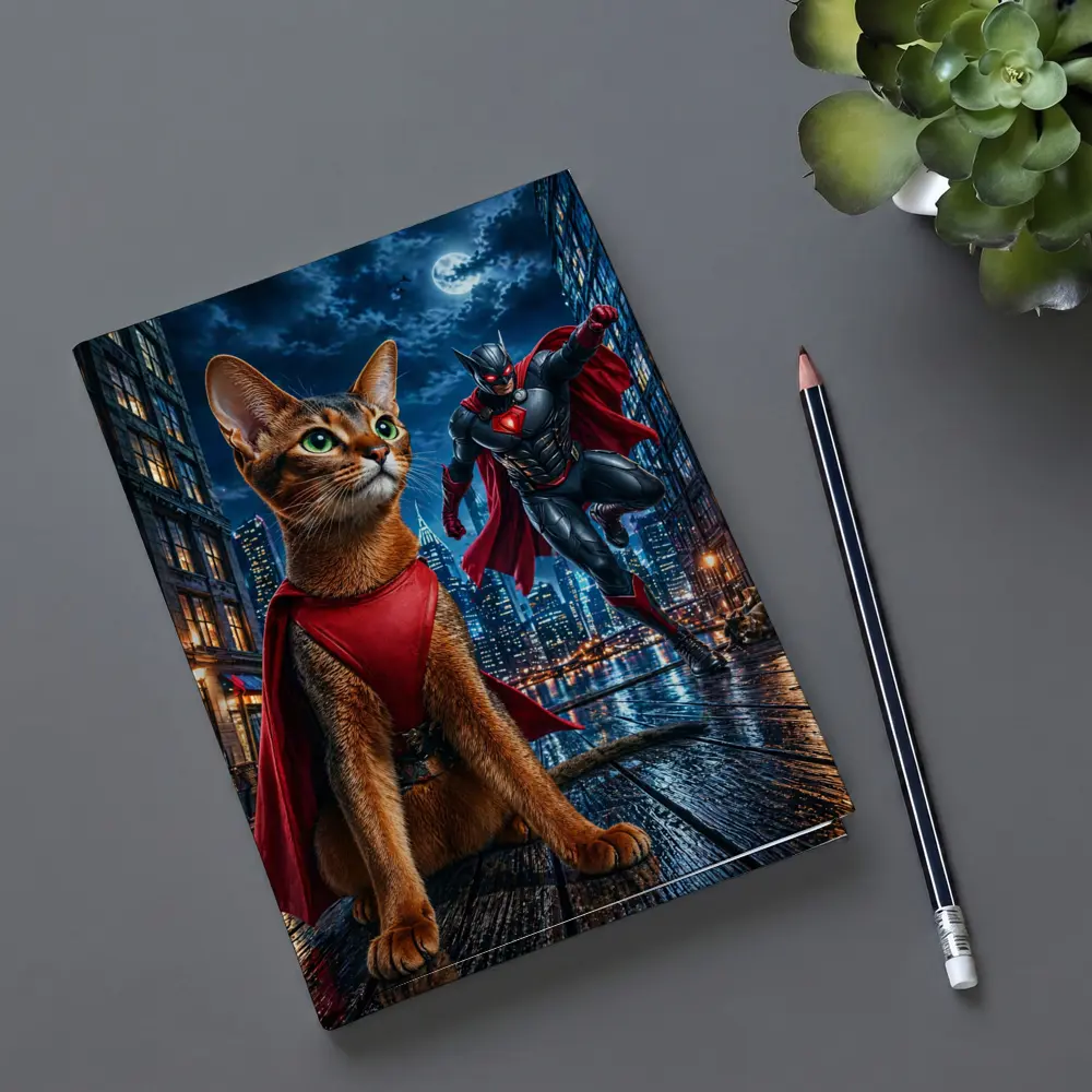 Abyssinian Cat Superhero Night City Scene – Notebooks