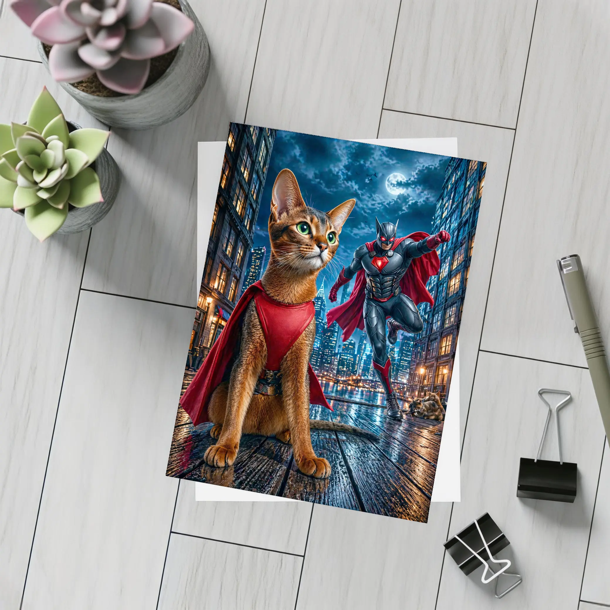 Abyssinian Cat Superhero Night City Scene – Postcards