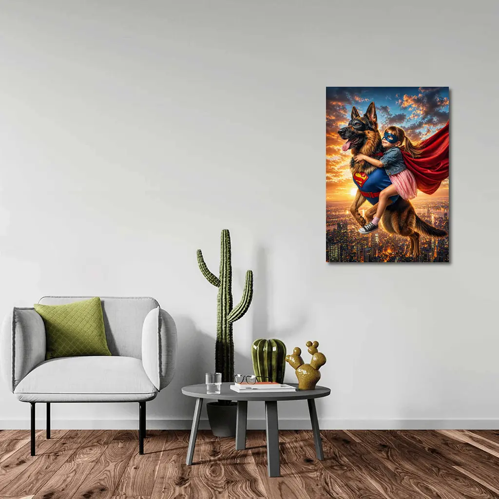 Superhero Girl Flying With German Shepherd – Wall Art