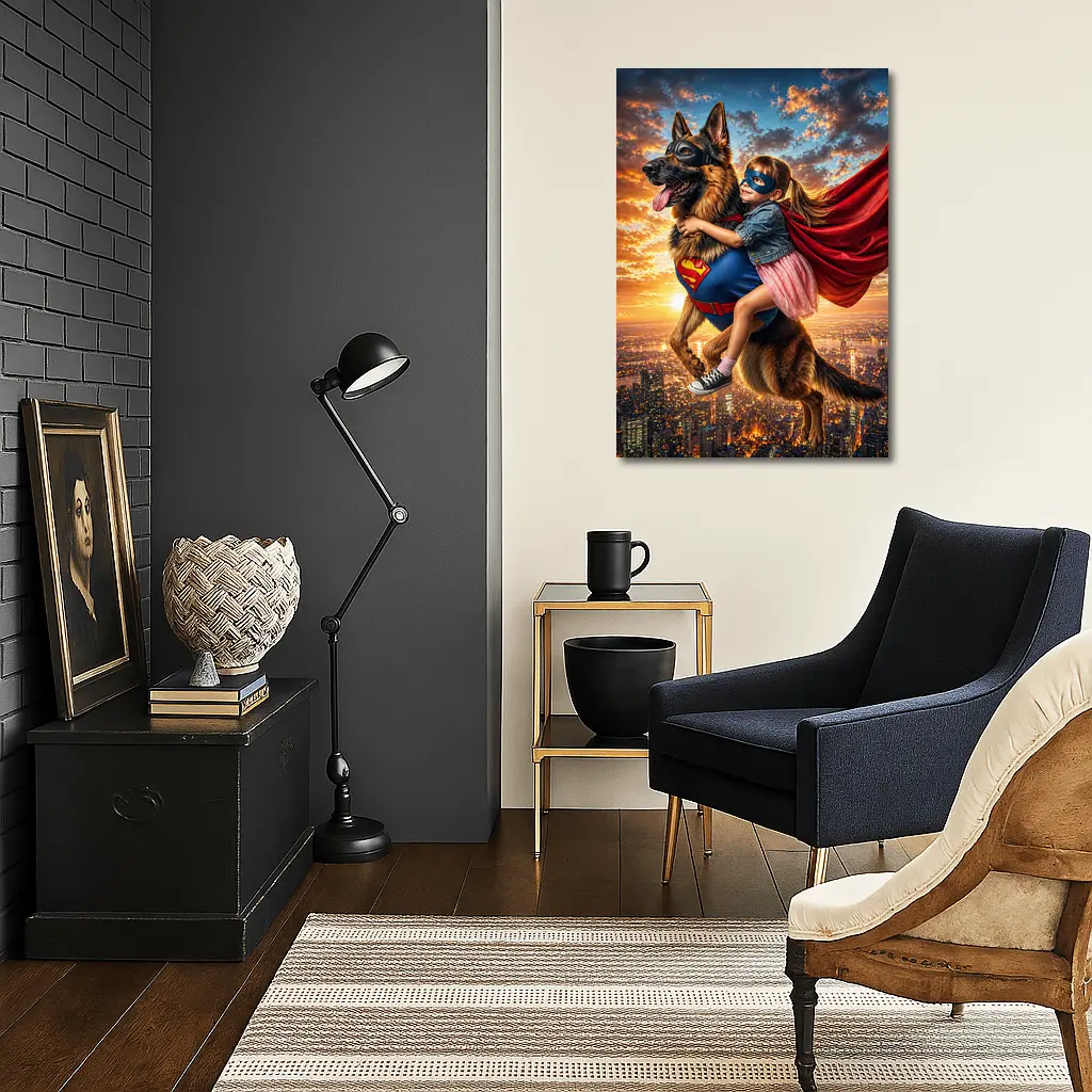 Superhero Girl Flying With German Shepherd – Wall Art