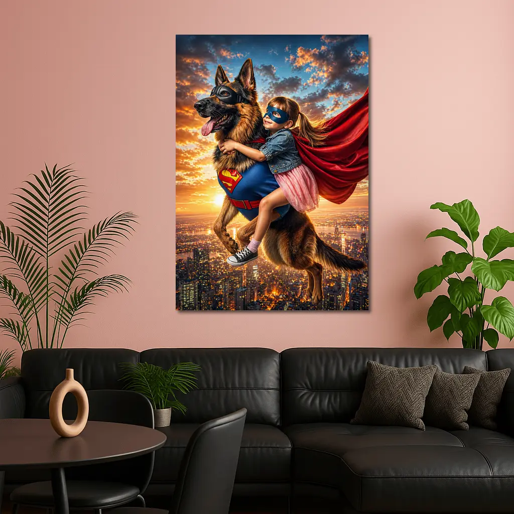 Superhero Girl Flying With German Shepherd – Wall Art