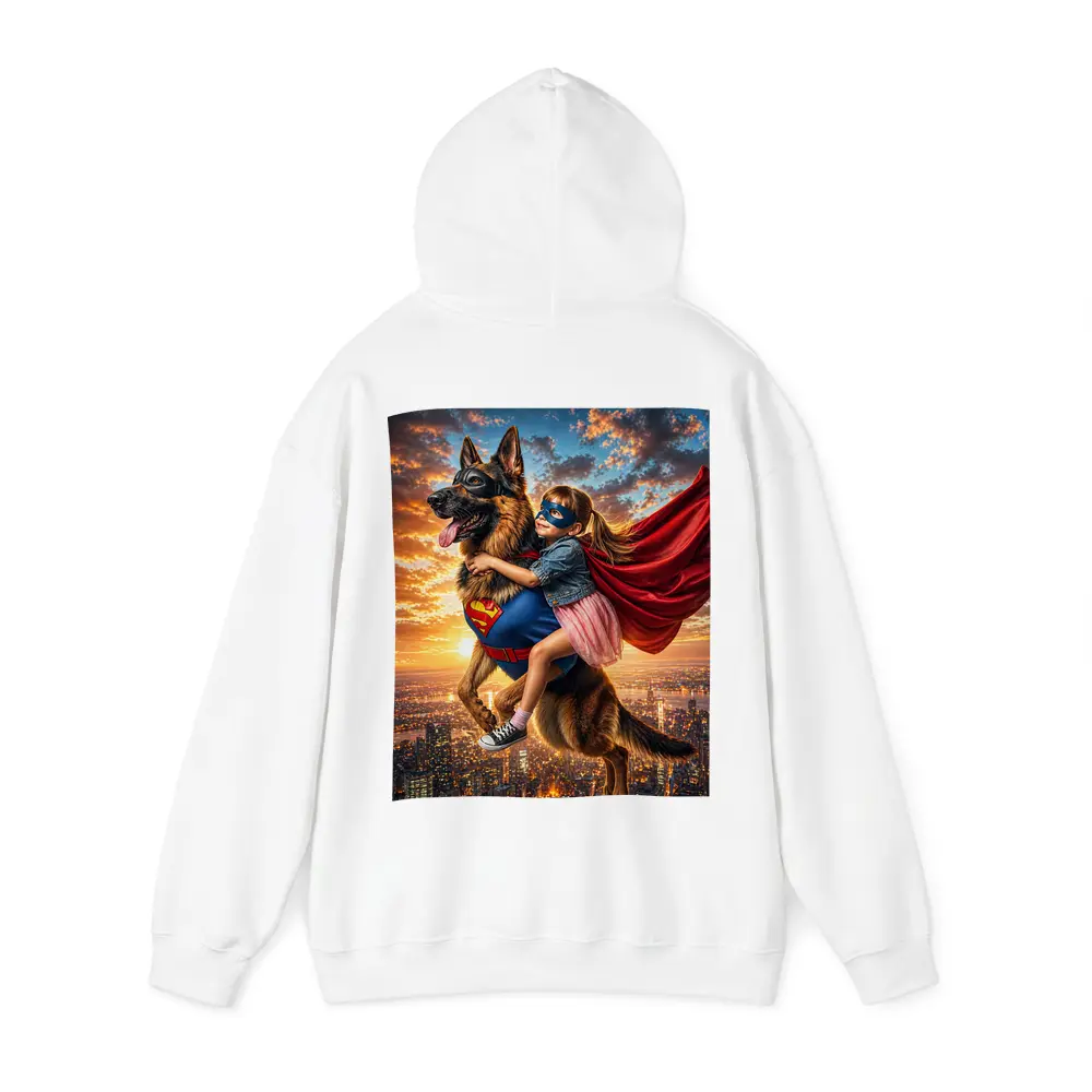 Superhero Girl Flying With German Shepherd – Hoodies