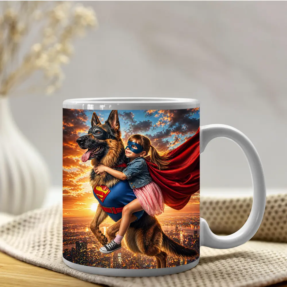 Superhero Girl Flying With German Shepherd – Mugs