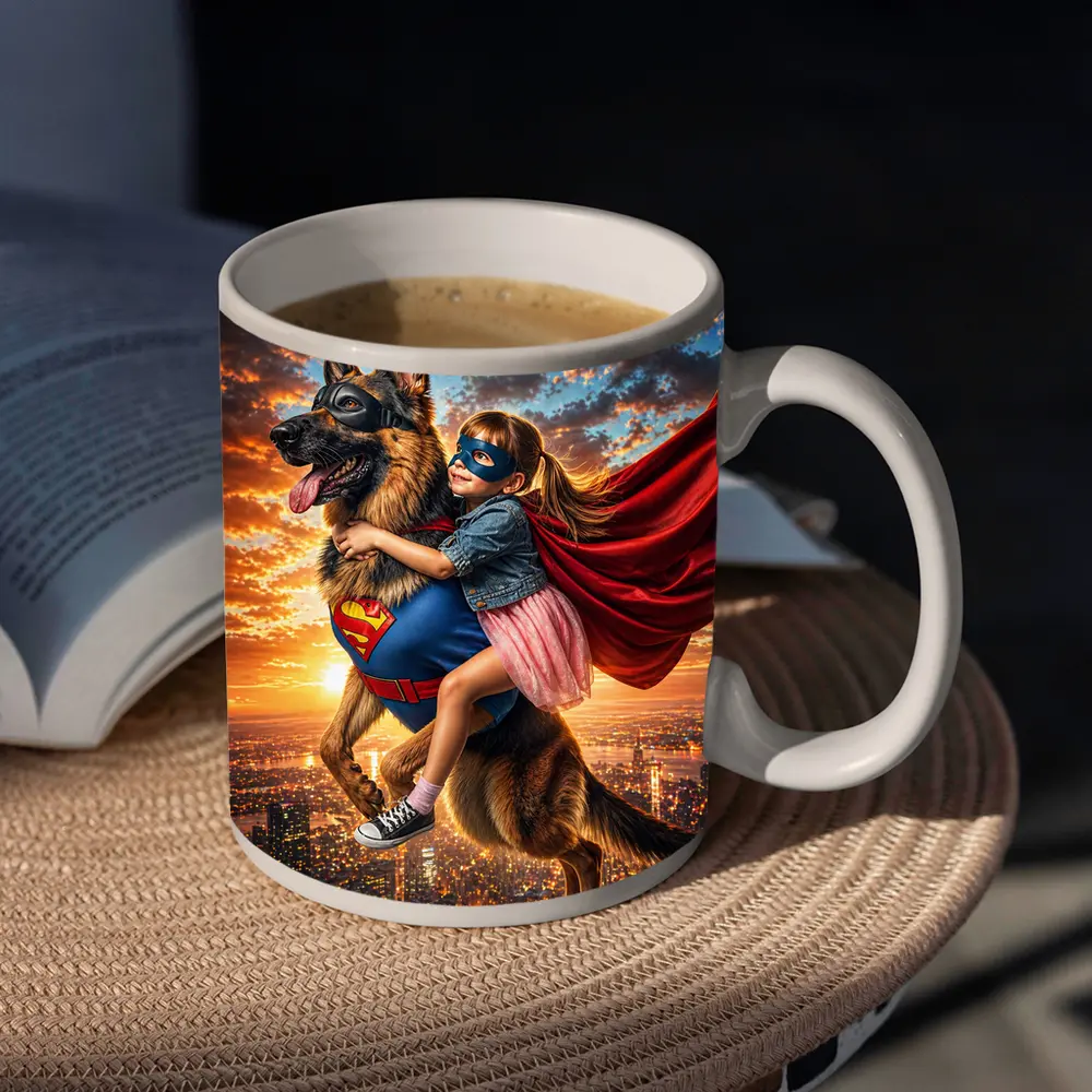 Superhero Girl Flying With German Shepherd – Mugs