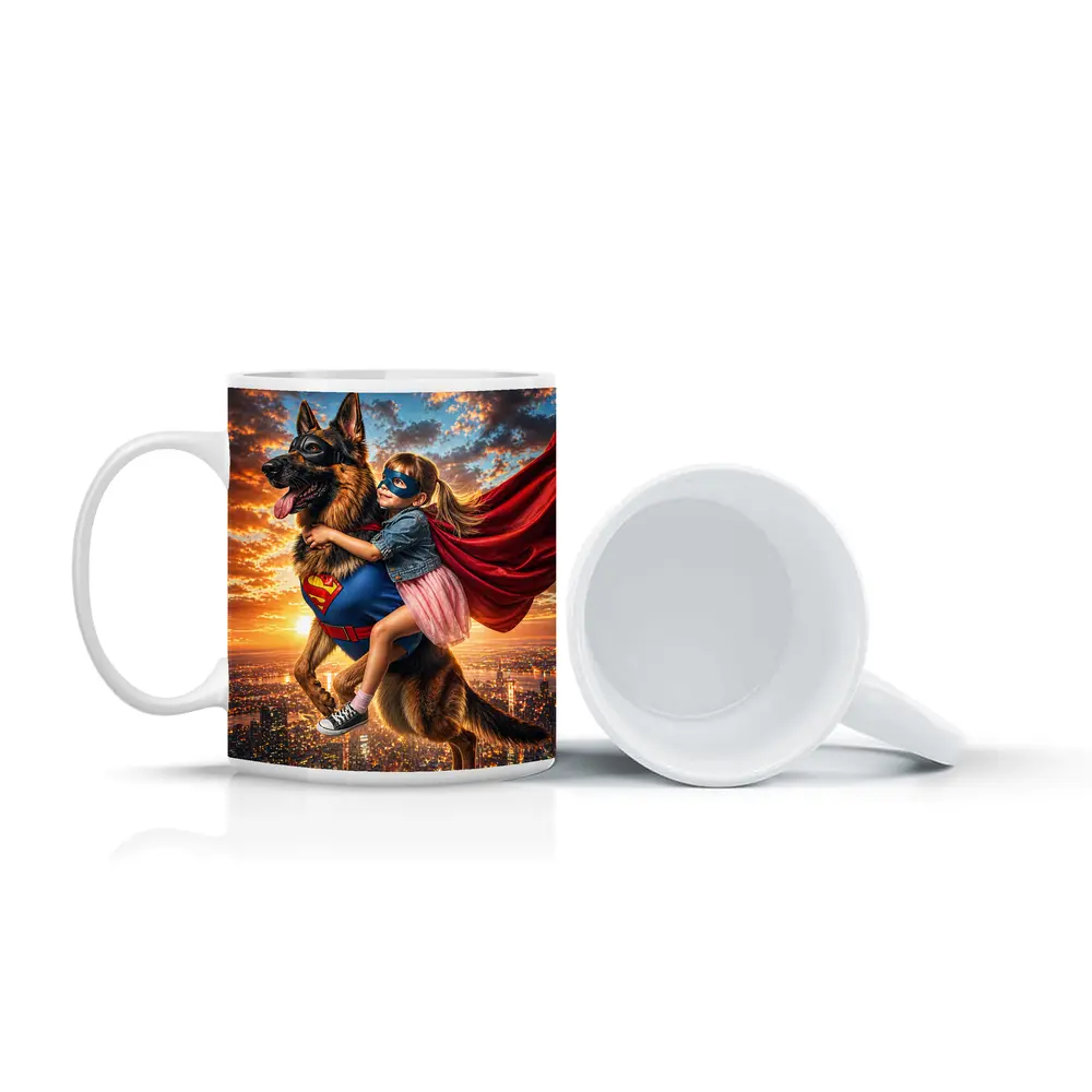Superhero Girl Flying With German Shepherd – Mugs