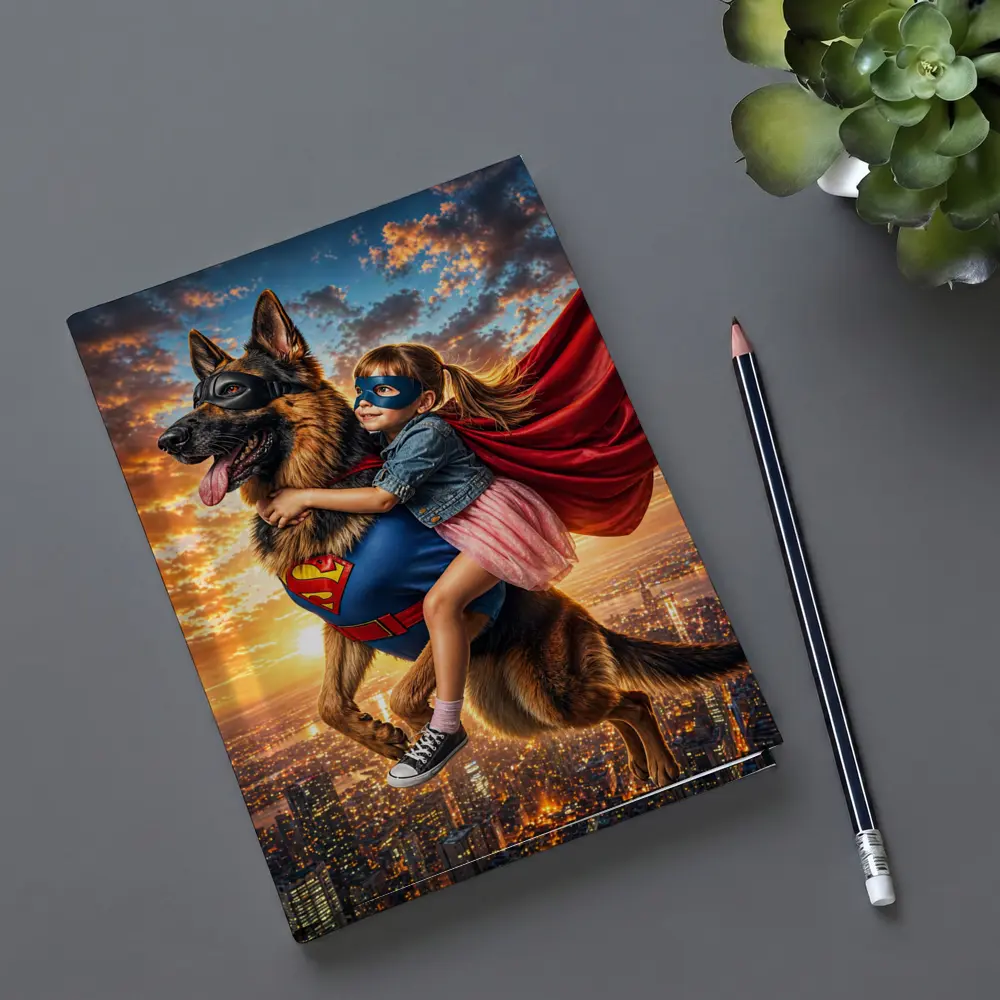 Superhero Girl Flying With German Shepherd – Notebooks