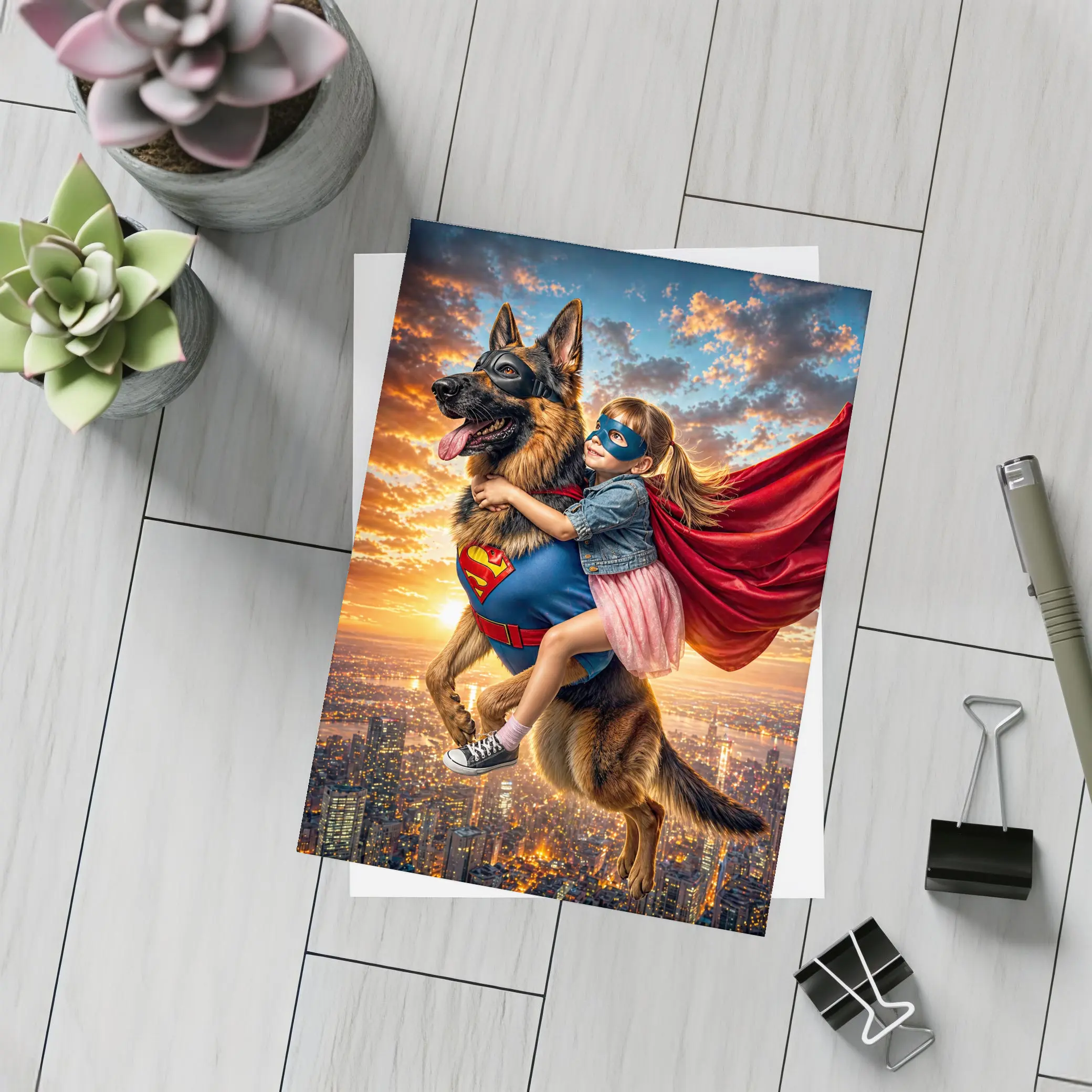 Superhero Girl Flying With German Shepherd – Postcards