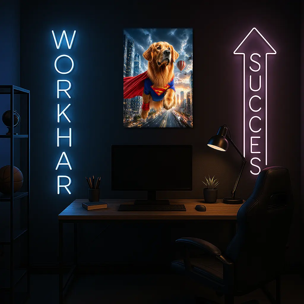 Golden Retriever Superman Flying Over City – Wall Art