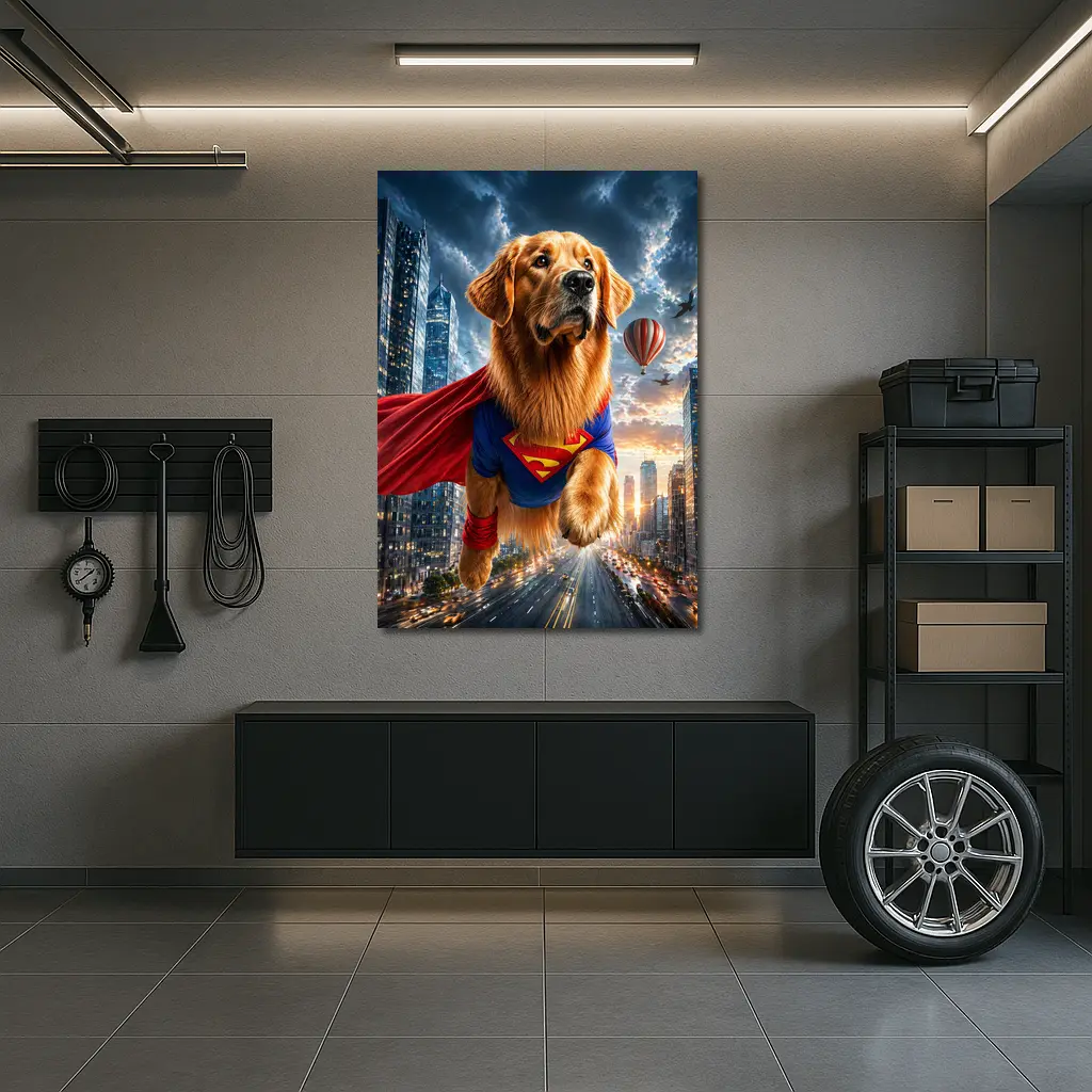 Golden Retriever Superman Flying Over City – Wall Art