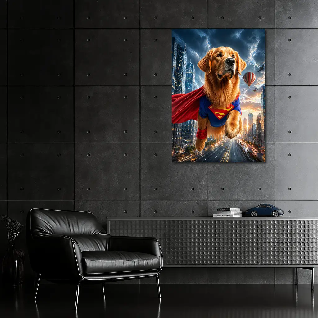 Golden Retriever Superman Flying Over City – Wall Art