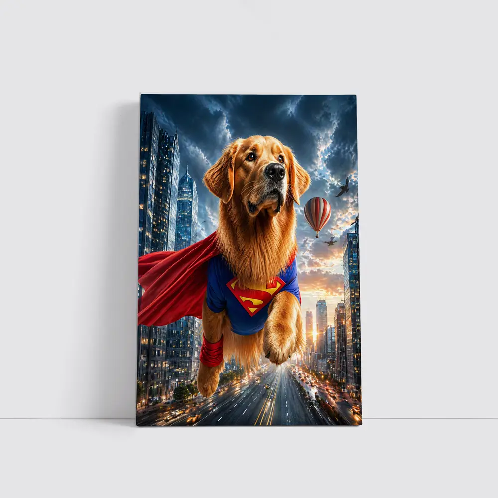 Golden Retriever Superman Flying Over City – Wall Art