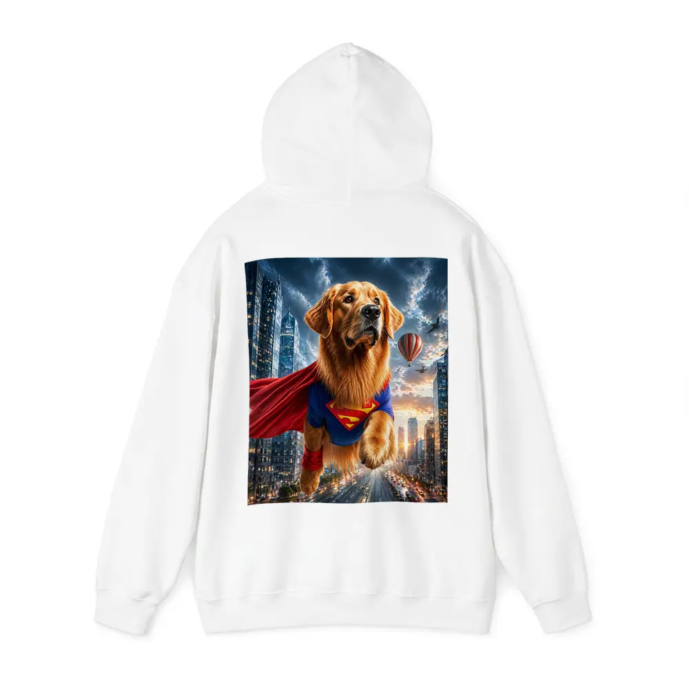 Golden Retriever Superman Flying Over City – Hoodies