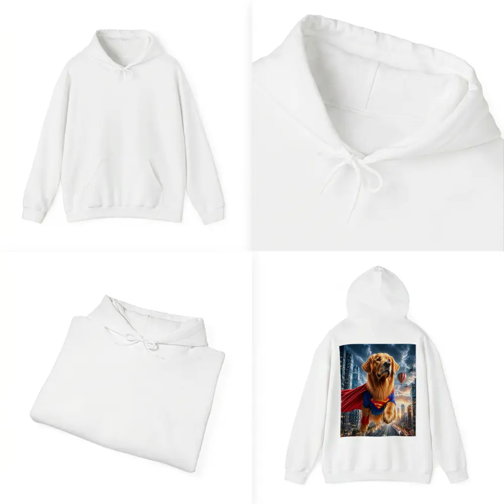 Golden Retriever Superman Flying Over City – Hoodies