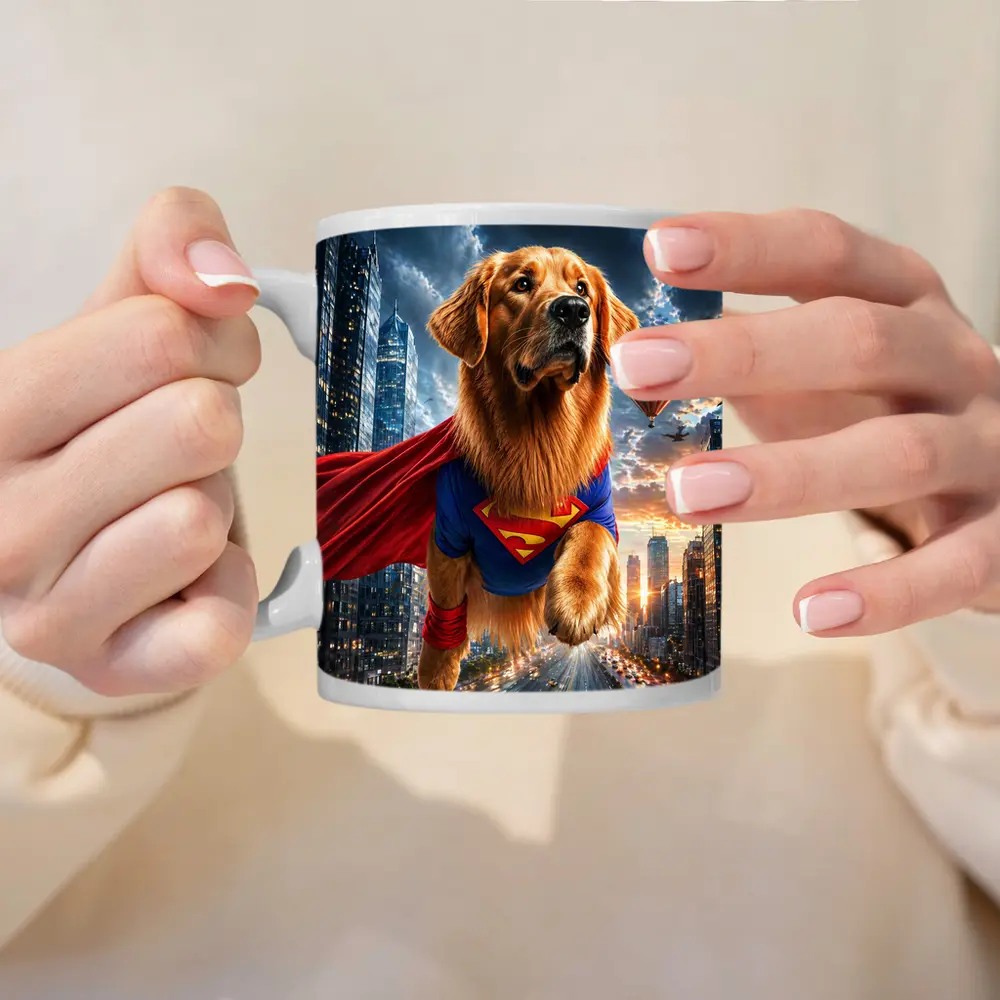 Golden Retriever Superman Flying Over City – Mugs
