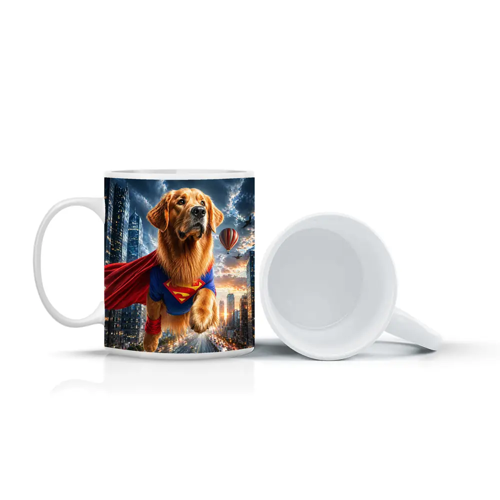 Golden Retriever Superman Flying Over City – Mugs