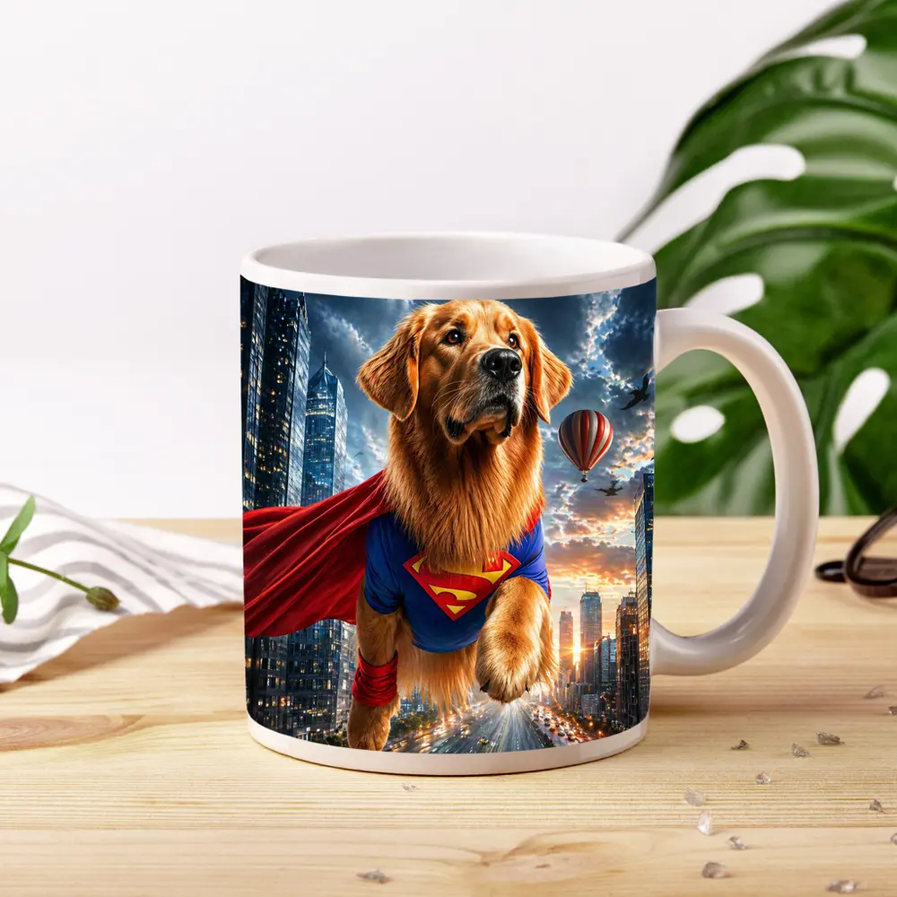 Golden Retriever Superman Flying Over City – Mugs