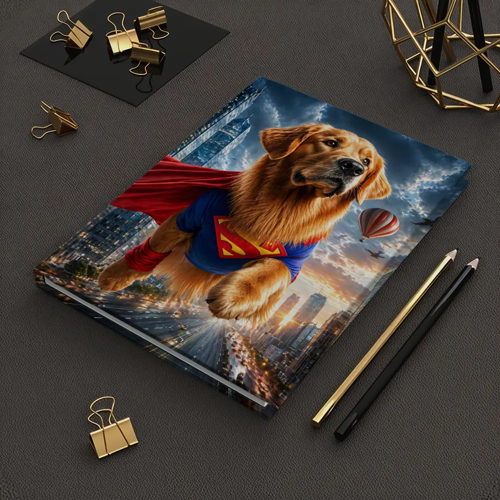 Golden Retriever Superman Flying Over City – Notebooks